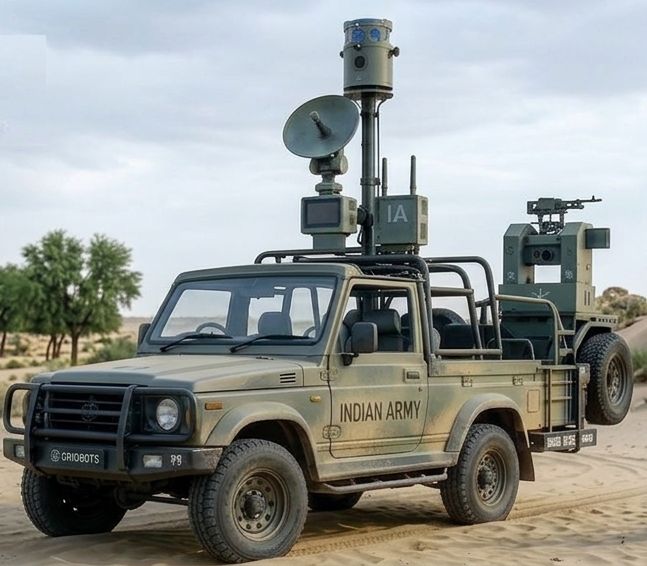 Gridbots Sentinel anti drone system mast mounted on a light 4x4 vehicle in desert terrain